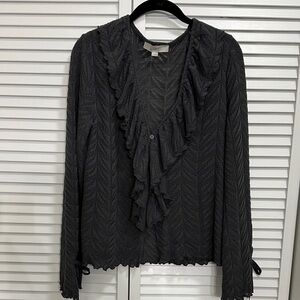 LOFT Black Ruffle Button-Down Knit Top